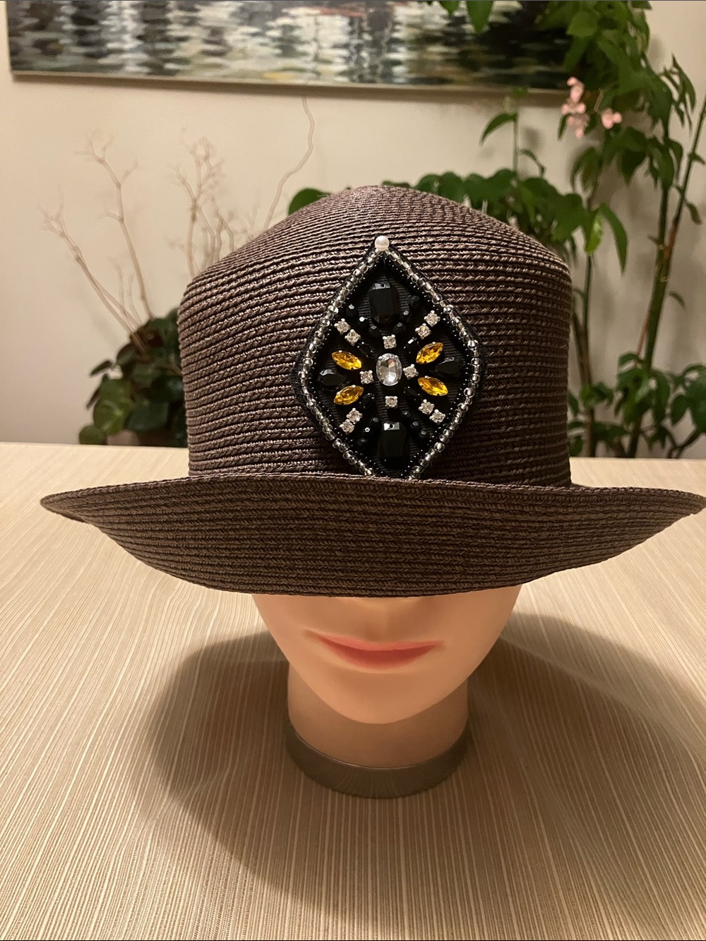 Men's Brown Straw Hat with Beaded Jewel Medallion